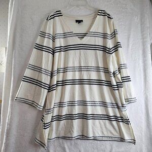 J. Jill Wearever Women Top V Neck White Black Striped Size L 3/4 Sleeve Tunic